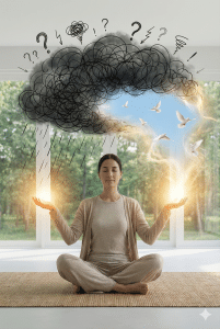 Kvinde i lyst skandinavisk rum der bruger selvhjælp til stress ved at opløse en mørk tankesky med selvhjælps teknikker.