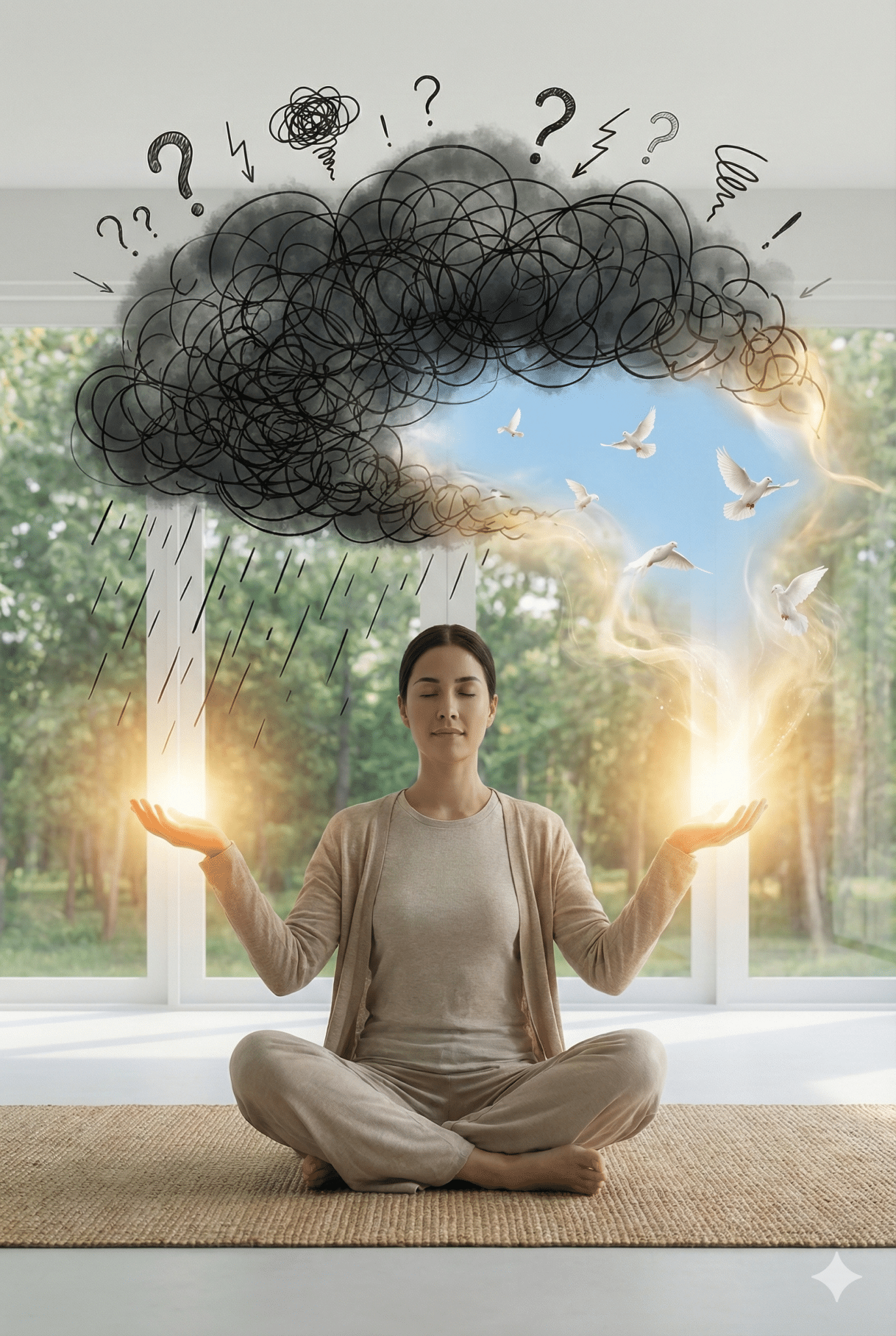 Kvinde i lyst skandinavisk rum der bruger selvhjælp til stress ved at opløse en mørk tankesky med selvhjælps teknikker.