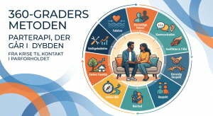 Infografik af 360-graders metoden til parterapi, der viser et par i centrum omgivet af en cirkel med 9 grundsten som kommunikation, følelseshåndtering og nærhed for at skabe et stærkt fundament i parforholdet.