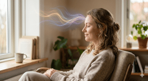 Hvordan virker hypnose: En afslappet kvinde i trance, der illustrerer hvordan hypnose og hypnoterapi virker på hjernens hjernebølger i trygge rammer hos Larsen & Ravn.