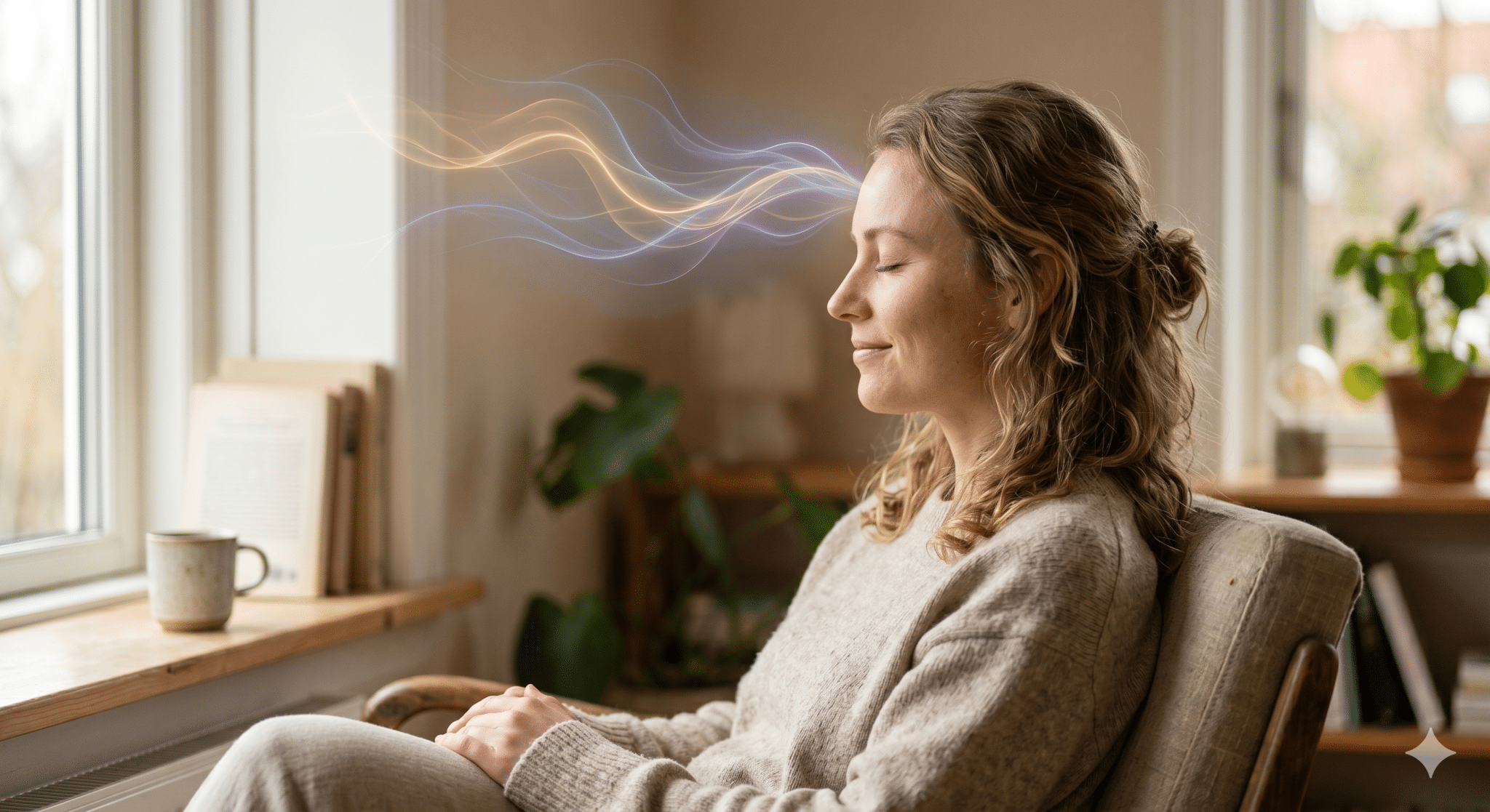 Hvordan virker hypnose: En afslappet kvinde i trance, der illustrerer hvordan hypnose og hypnoterapi virker på hjernens hjernebølger i trygge rammer hos Larsen & Ravn.