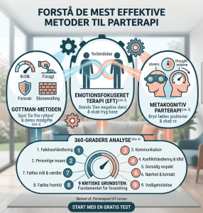 En dybdegående guide til de mest effektive metoder til parterapi, herunder Gottman-metoden, EFT og metakognitiv parterapi, sat ind i en 360-graders struktur.