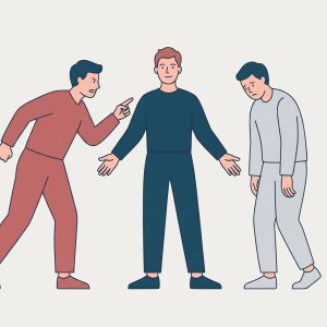 Illustration af tre kommunikationsformer: aggressiv bulldozer, passiv dørmåtte og assertiv ro i midten