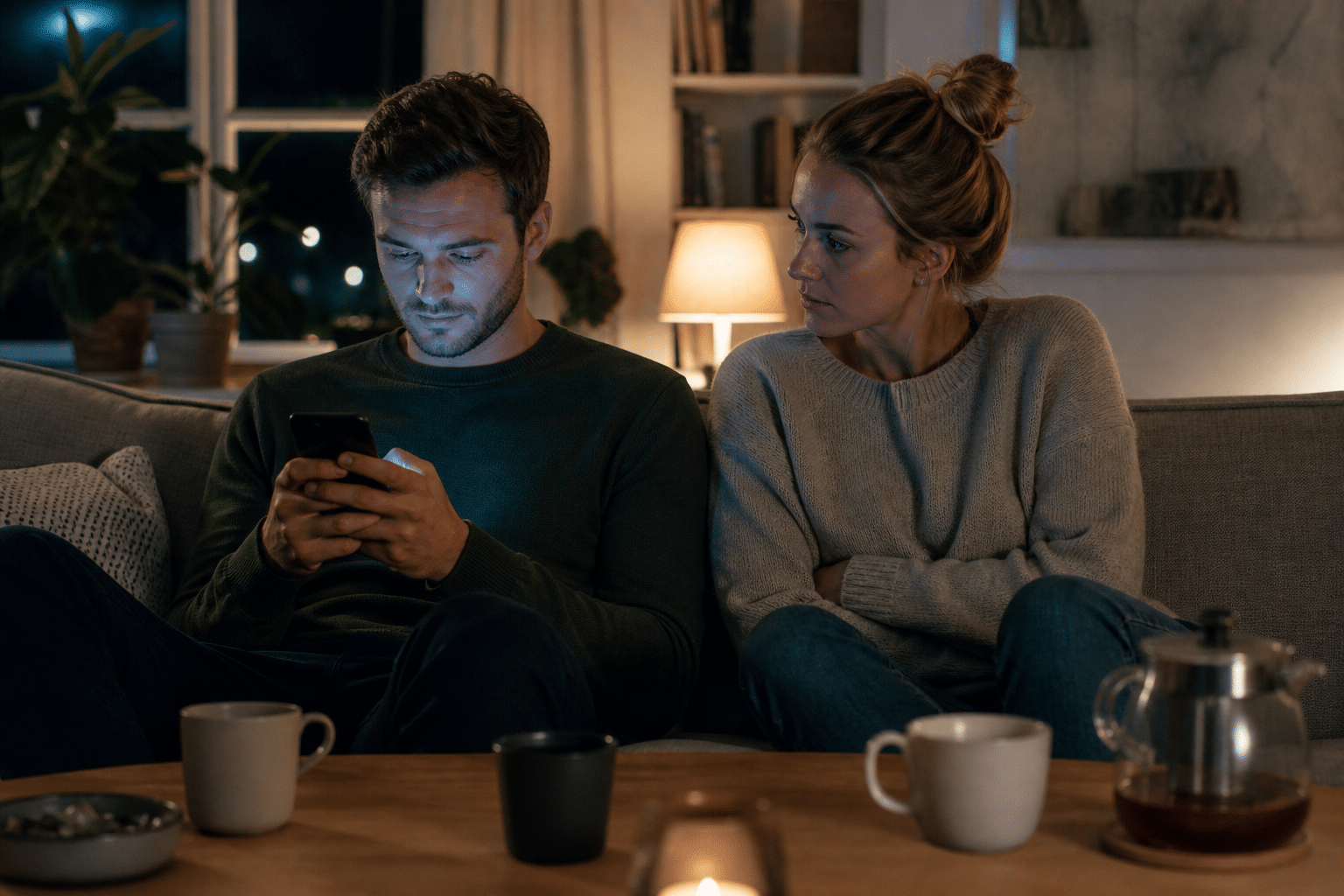 Par i sofaen om aftenen — jalousi i parforholdet når telefonen fylder