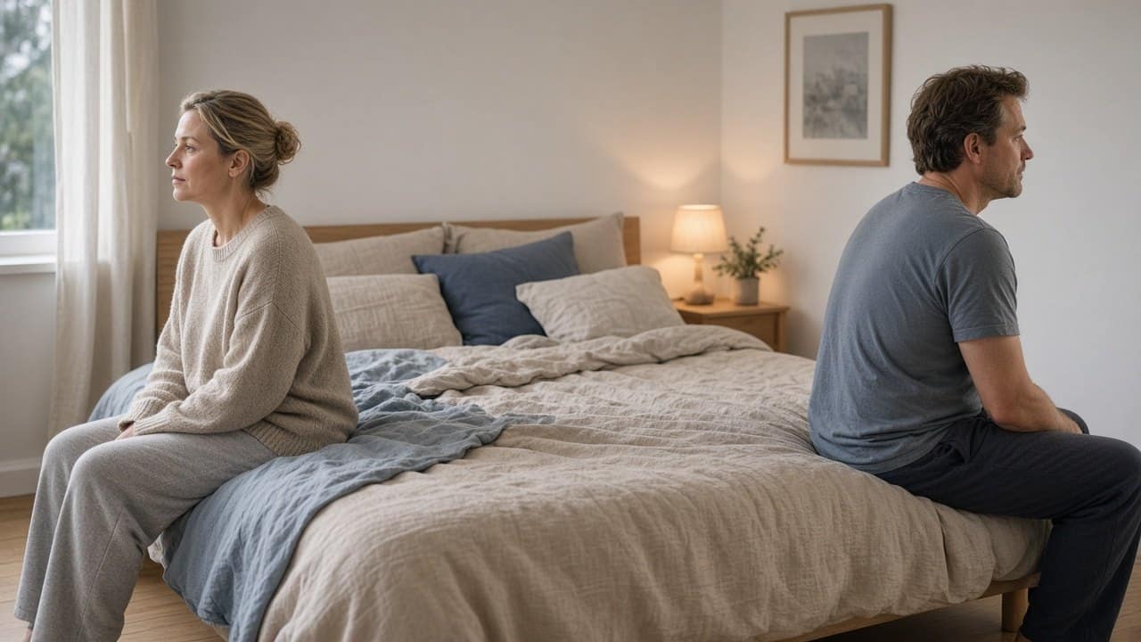 Par sidder i hver sin side af sengen i et lyst skandinavisk soveværelse om aftenen og ser hver sin vej, sexløst parforhold