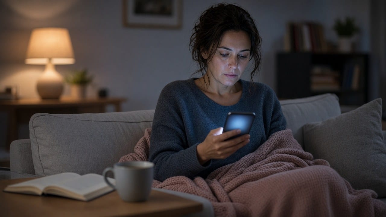 Kvinde i sofaen om aftenen med ansigtet oplyst af telefonen, mens teen bliver kold — skærmafhængighed kan behandles med hypnose