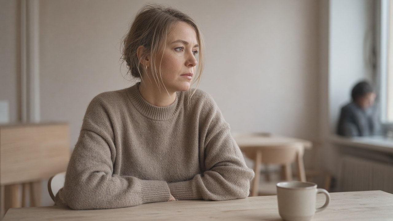 Kvinde sidder alene på café med social angst — kan behandles med hypnose.