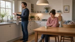 Par i et skandinavisk køkken, hvor han forklarer ved vasken, mens hun sidder ved bordet og ser væk — når I taler forbi hinanden